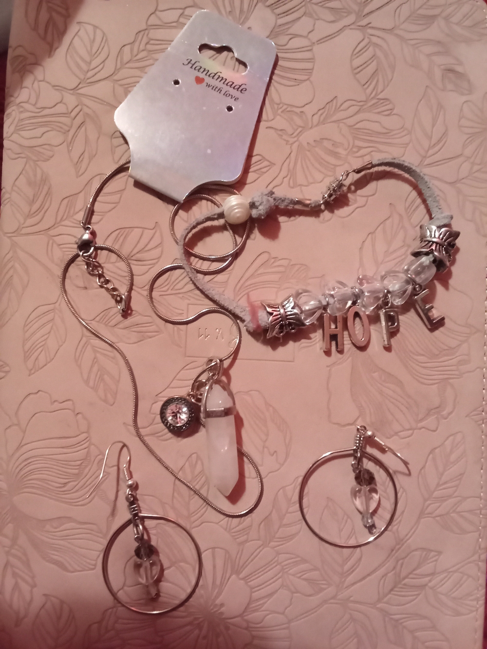 Handmade Pink HOPE Charm Bracelet Necklace & Earring Set